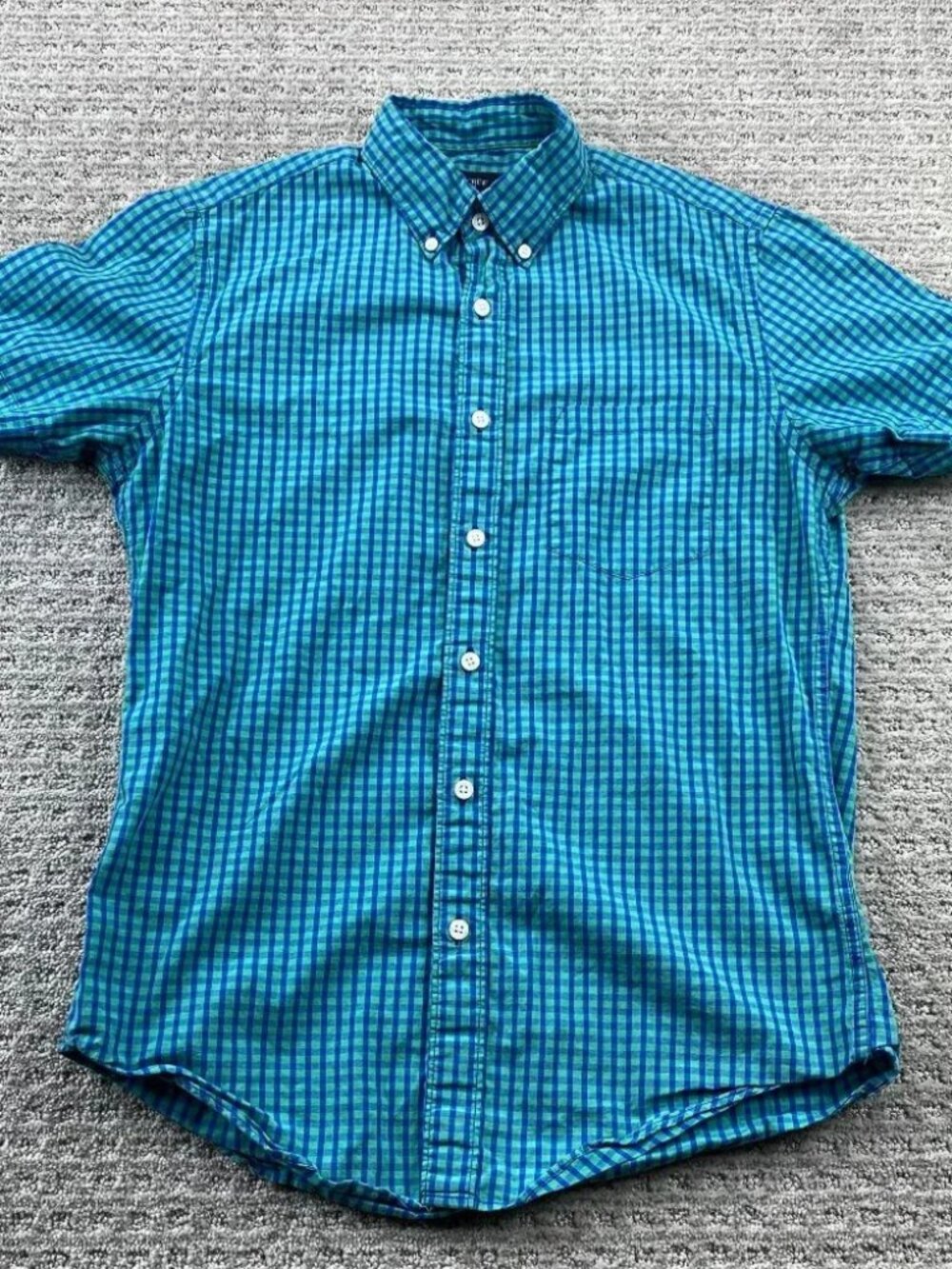 J.Crew Shirt Men Small S Blue Teal Checkered Button Down Short Sleeve Casual